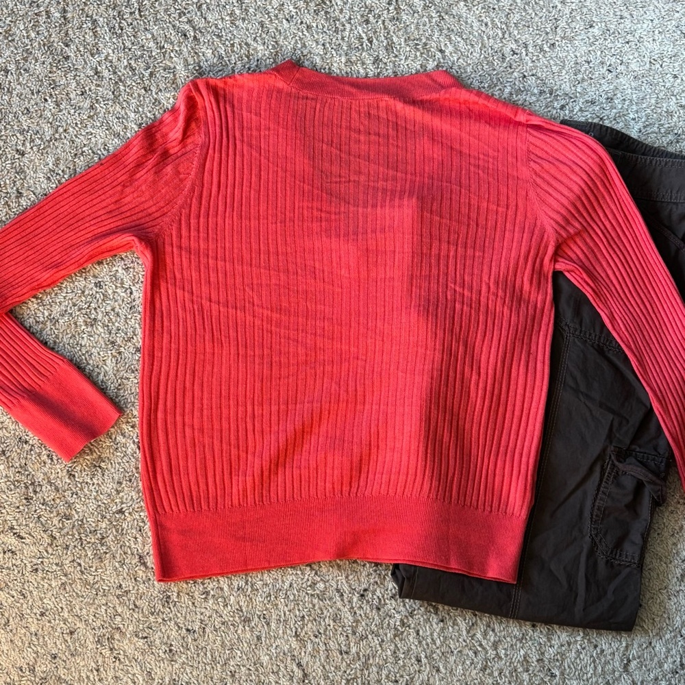 Preppy office LOFT Vibrant Coral Ribbed Women’s Cardigan V-neck L - Picture 4 of 10